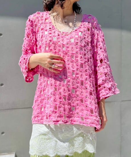 Pink Denim Damage Tops