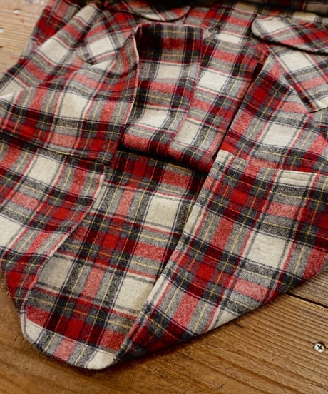 70s 『Pendleton』 Red base check Open collar Wool shirt /size S