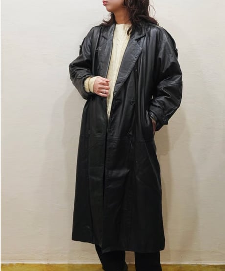 80s-90s Black All Leather Trench coat