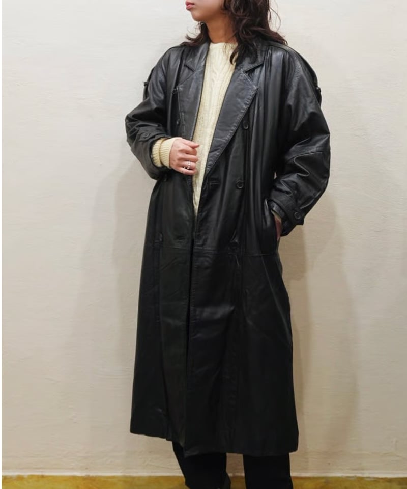 80s-90s Black All leather Trench coat | end of 80s-90s Black All leather Trench coat | end of