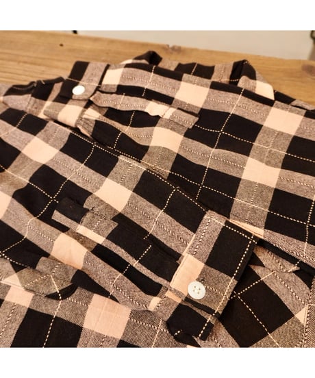 50s Black × Pink check Open collar Wool shirt / size M程度