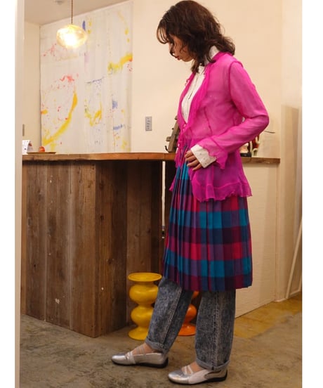 80s Pink × Blue Checked Wool Skirt