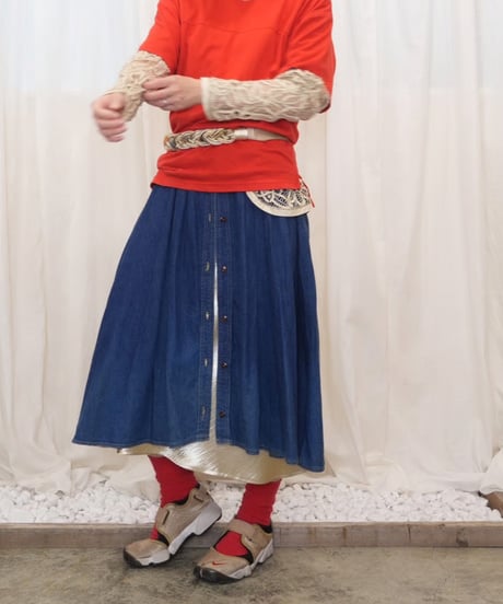 90s Button-Front Denim Pleated Skirt