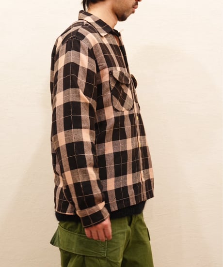 50s Black × Pink check Open collar Wool shirt / size M程度