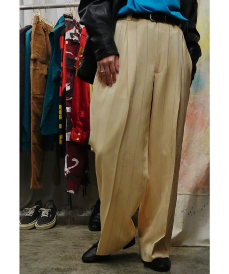 Yellow × Light blue Striped Two-pleat Wide slacks