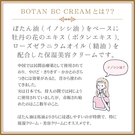 【SALE】＜今話題のぼたん油 馬油シリーズ＞BOTAN　BC　CREAM＜ボタンベーシッククリーム＞（イノシシ油・ボタンエキス・ローズゼラニウム精油配合）内容量30ｍｌ