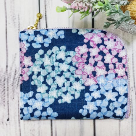 手のひらサイズのウキウキしちゃうミニ財布MW86紫陽花ネイビー☆コンパクト財布　Ｌ字ファスナー財布