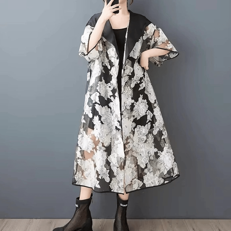 近年物 極美品✨レオナール カンカン素材 花柄 シースルーカーディガン 羽織り UV対策もお洒落も叶う花柄シースルー羽織｜大人のためのレースロング