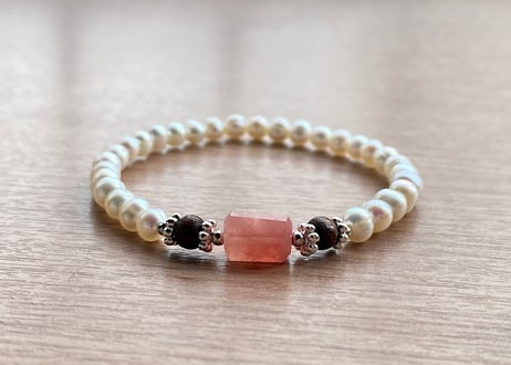 ピンク グァバクォーツ & パール ブレスレット