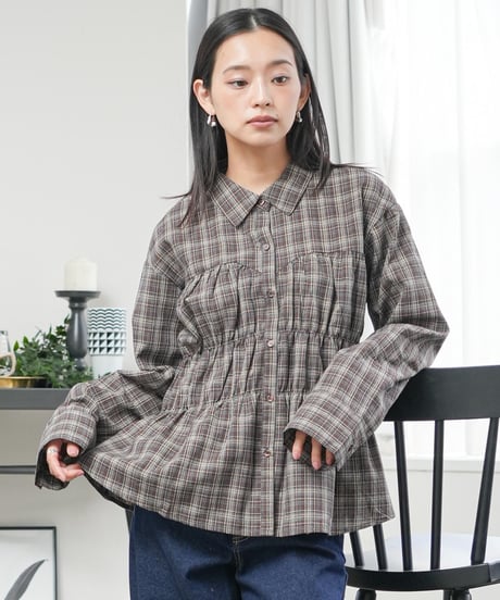 シャーリングチェックシャツ