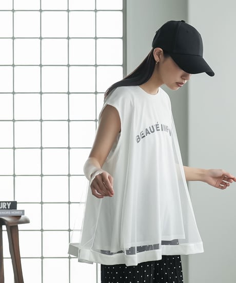 チュールレイヤードロゴプリントTシャツ