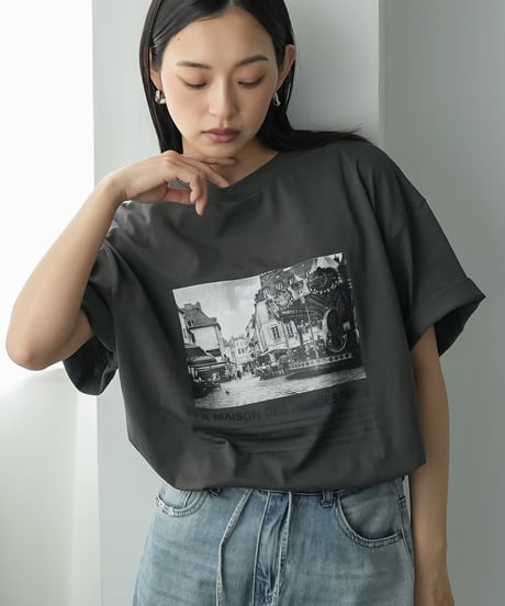 半袖シティスケープフォトプリントTシャツ