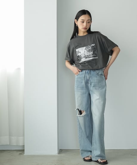 半袖シティスケープフォトプリントTシャツ