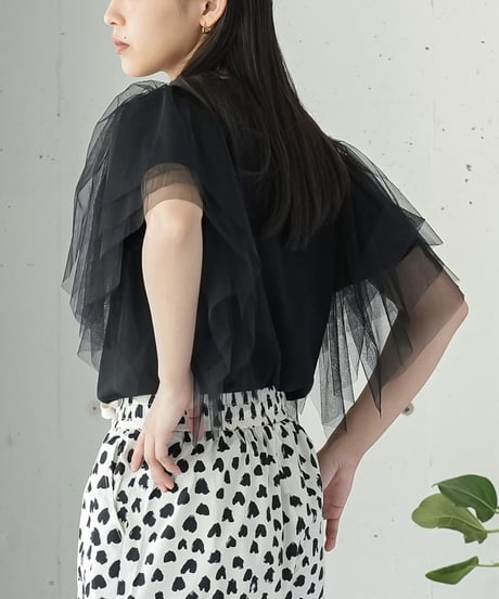 袖ティアードチュールTシャツ