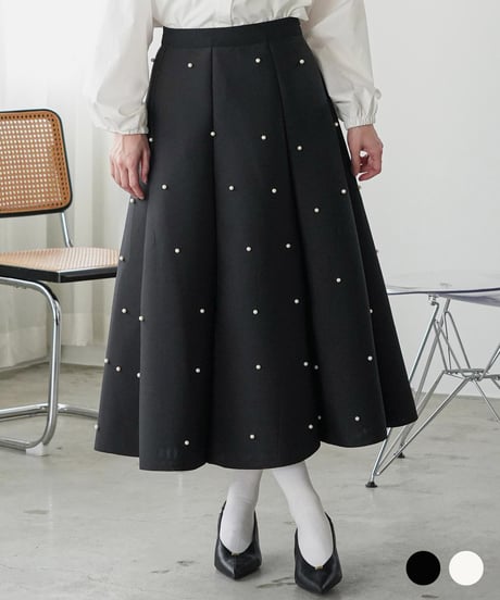 パール付きフレアロングスカート