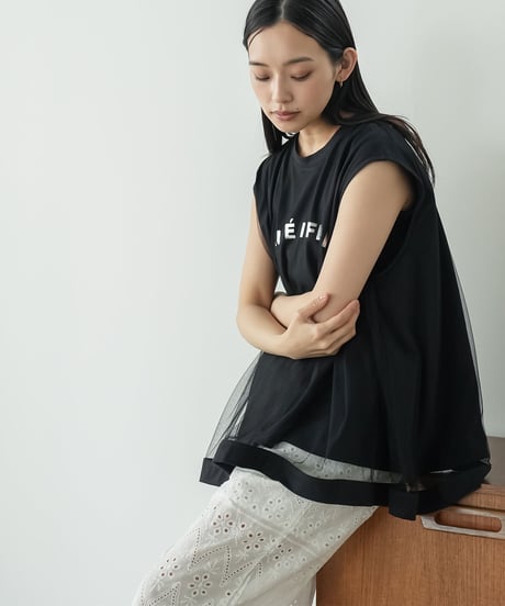 チュールレイヤードロゴプリントTシャツ