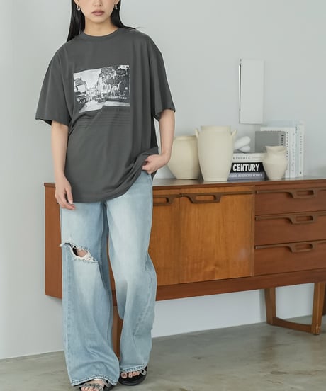 半袖シティスケープフォトプリントTシャツ