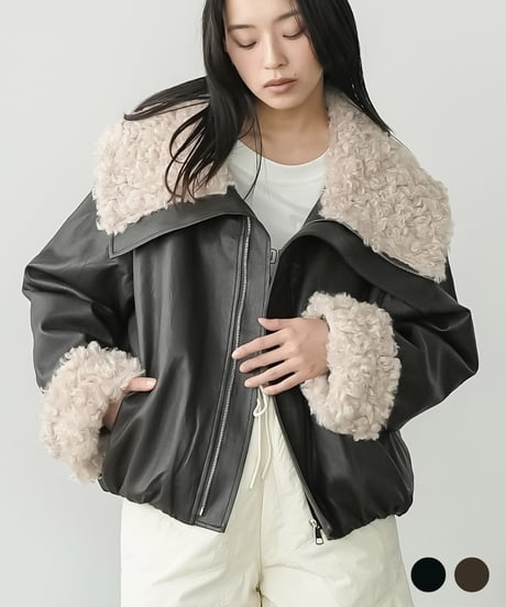冬新作 襟ファーフェイクレザーダウンジャケット ダウン フロントジップ 袖ファー 防寒 アウター 長袖 ジャケット 秋冬 レディース アウター ミリアンデニ a62123 襟ファーフェイクレザーダウンジャケット | mili an deni