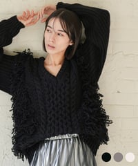 Vネックフリンジニットプルオーバー
