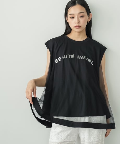 チュールレイヤードロゴプリントTシャツ