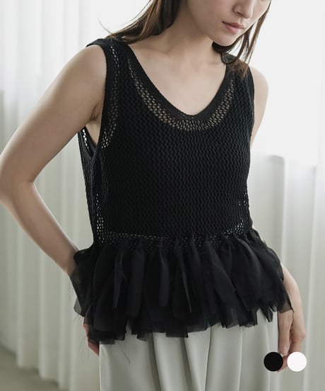 裾フリンジメッシュトップス
