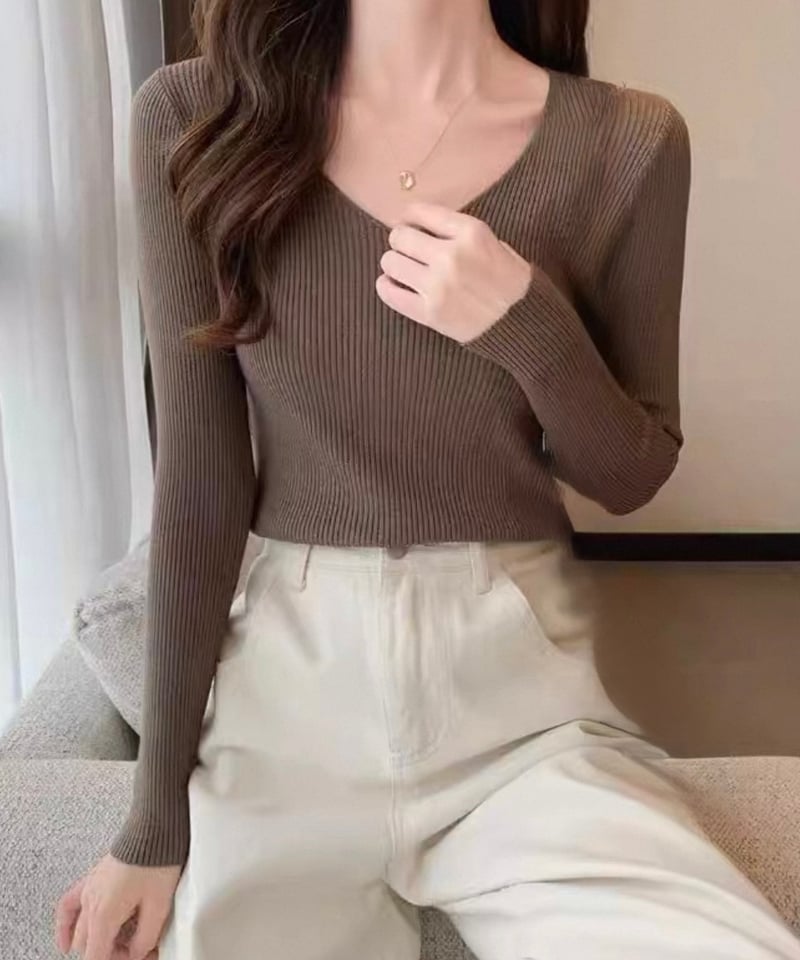 極上肌触りVネック リブニットトップス(ミルクティー/モカ