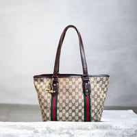 "GUCCI" Web Stripe GG Canvas Gold Charm Tote Bag