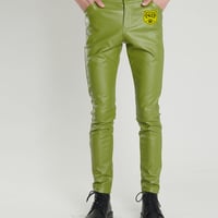 裏起毛スリムフェイクレザーパンツ ライムグリーン（ストレッチ）