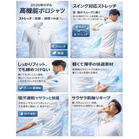 3. ゴルフウェア メンズ ポロシャツ 半袖 接触冷感 吸汗速乾 ストレッチ 抗菌防臭 べたつかない 夏用 大きいサイズ M-5L
