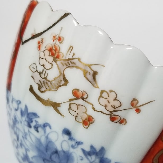 伊万里色絵唐草文に花図輪花縁猪口5個 [B28108] 古伊万里 色絵花唐草輪花小鉢 | 五分堂