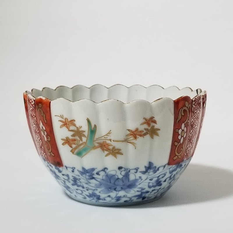 向付 小鉢 4客 色絵 角鉢 壽 瓢箪 花柵 唐草 古伊万里 窯傷 古伊万里 色絵花唐草輪花小鉢 | 五分堂