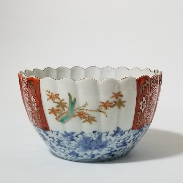 ⭕346 無傷 古伊万里 上手瑠璃色絵金襴 小鉢２客 梅花に唐草文 江戸期/中国 古伊万里 色絵花唐草輪花小鉢 | 五分堂