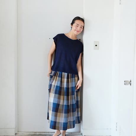 綿リネン 配色チェック スカート