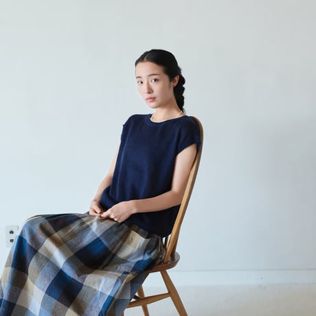 綿リネン 配色チェック スカート