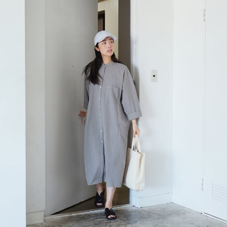 綿細チェック ドルマンスリーブシャツワンピース