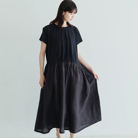綿ニット×ヘンプ切替ワンピース