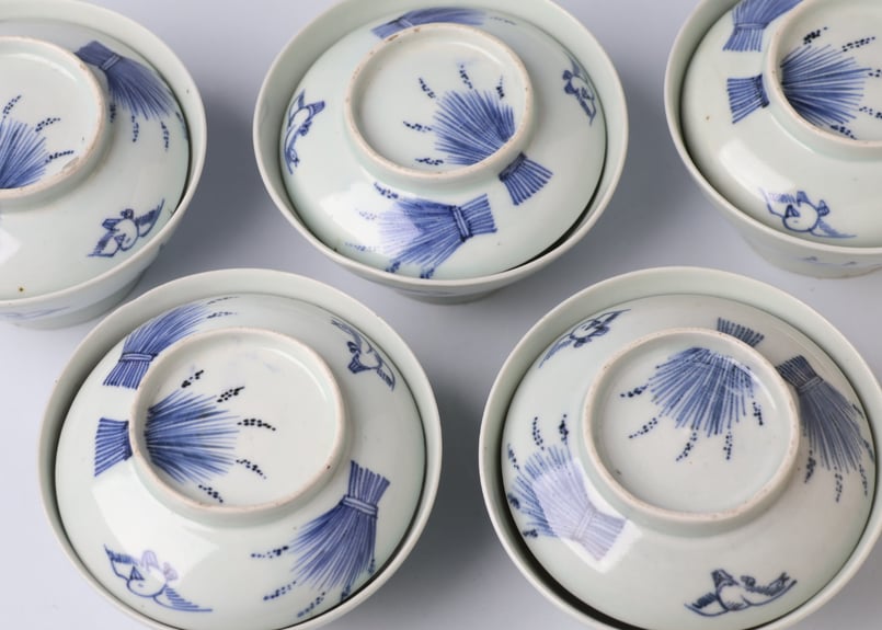 133 染付 古伊万里 稲束 雀 蓋茶碗 | あさい骨董店