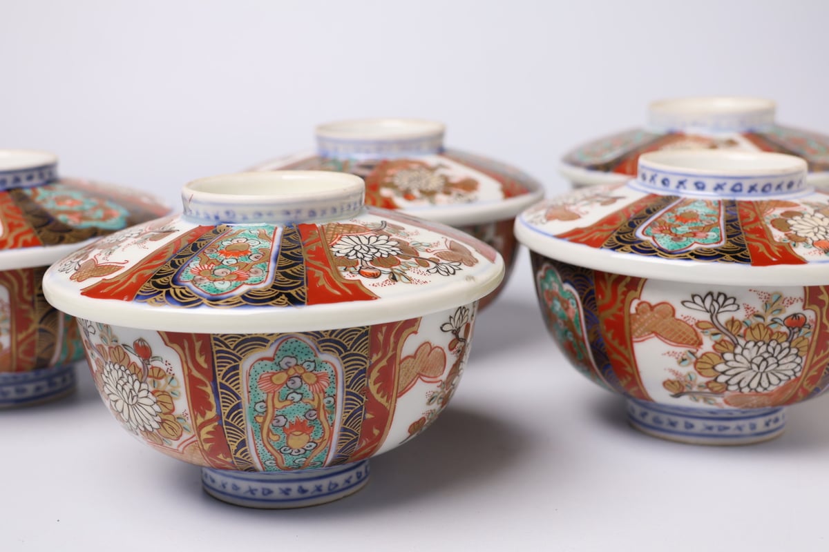 古い伊万里 花鳥文 蝶 錦絵 蓋付 蒸茶碗 13客 明治二十五年 染付 骨董 155 錦手 伊万里焼 花 蝶 通り物 蒸茶碗 | あさい骨董店