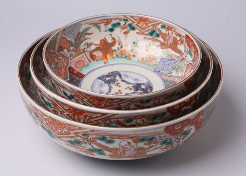 053 錦手 伊万里焼 鶴仙人 唐子 三つ鉢 | あさい骨董店