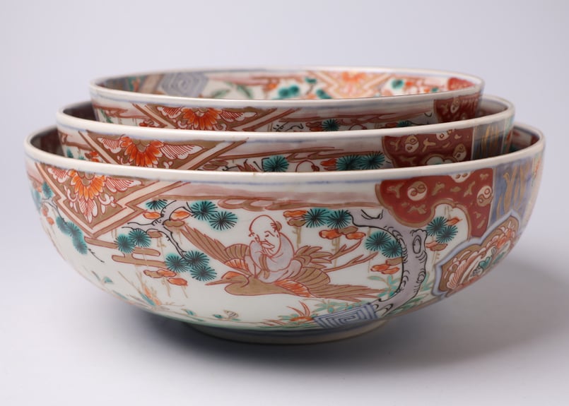 053 錦手 伊万里焼 鶴仙人 唐子 三つ鉢 | あさい骨董店