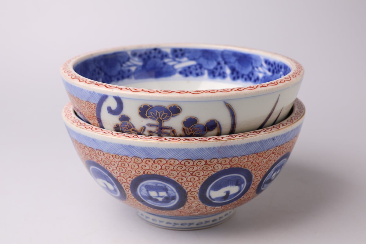 骨董 伊万里 猪口5客 色絵 源氏車紋 NO443 015 色絵 伊万里焼 丸紋 舟 中鉢 | あさい骨董店