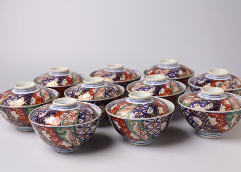 244 錦手 大聖寺伊万里 捻り紋 菊 通り物 蓋茶碗 | あさい骨董店