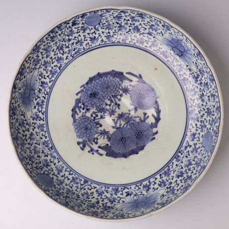 古伊万里　染付　輪線　桜花紋に霞の図　蓋茶碗　E864AS-COh 古伊万里 染付 輪線 桜花紋に霞の図 蓋茶碗 E864AS-COh