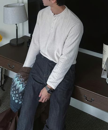 corduroy ribbed henley neck shirt /4color　NL2087