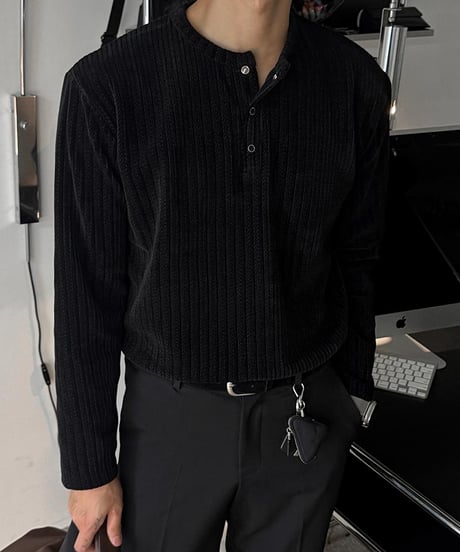 corduroy ribbed henley neck shirt /4color　NL2087