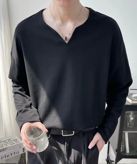 minimal deep v neck long sleeve t-shirt /2color　NL2066