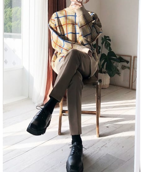 modern check crewneck knit sweater　NL2316