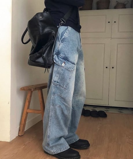 wide leg denim cargo pants　NL2348