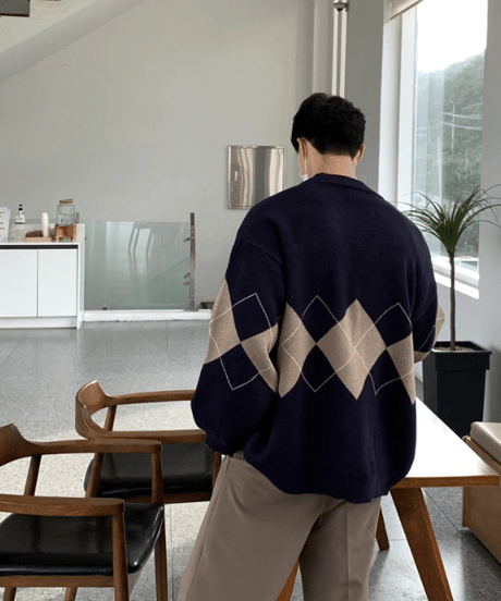 retro argyle oversize cardigan/2color　NL2133