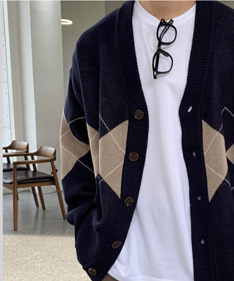 retro argyle oversize cardigan/2color　NL2133